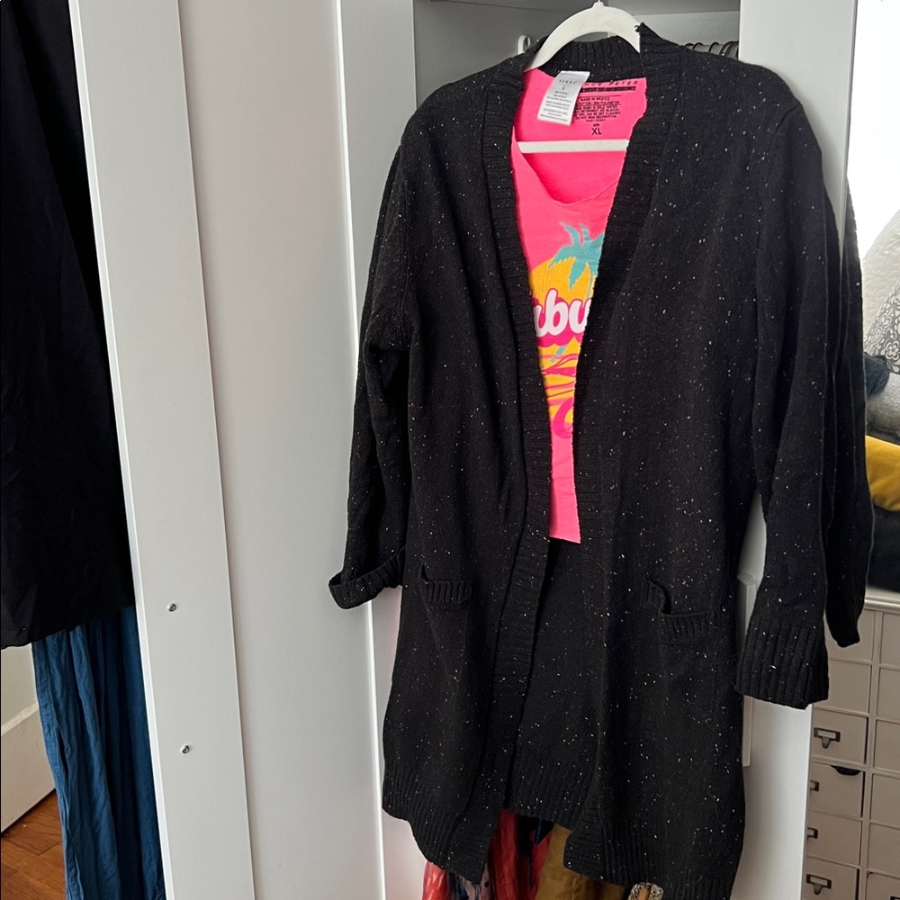 Duster Cardigan Long Black Knit Sweater with subtle Speckle Accents